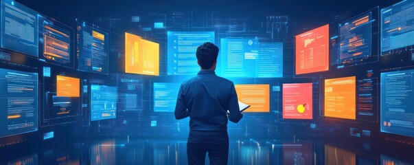 Man Facing Digital Screens with Data and Code