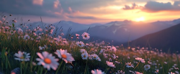 Sunset over a field of daisies in the mountains.