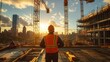 © elimicel - A construction worker observes a sunset at a building site with cranes in the background.
