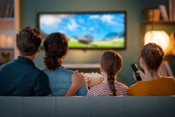 family watching  TV in the evening at home