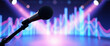 © Photonix - Professional microphone on stage with audio wave visualization and lights for music, performance, and podcasting
