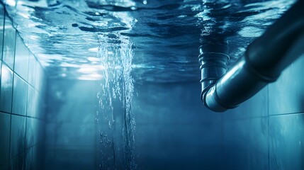 underwater view of a leaking pipe in a tile-covered room