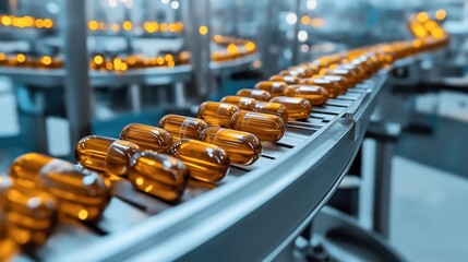 Poster - Production line in pharmaceutical factory with capsules on conveyor belt in industrial setting, depicting medicine manufacturing process in modern facility with focus on automation.