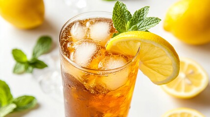 Wall Mural - close up of a refreshing iced tea with lemon and mint garnishes.