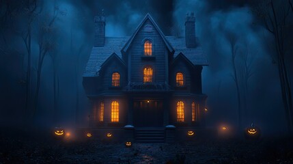 Wall Mural - Haunted House with Jack-o'-Lanterns on a Foggy Halloween Night