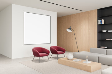 Wall Mural - Home living room interior couch and armchairs, coffee table and mockup frame