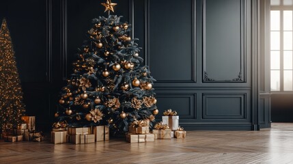 Wall Mural - decorated christmas tree with gold ornaments and gifts