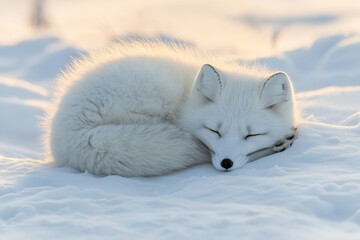 Arctic Tundra. Snow Fox Curled Up on Snow in Winter Landscape