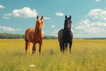 Two horses, one brown and one black, stand in a green field, looking at the camera.  The sky is blue with white clouds.