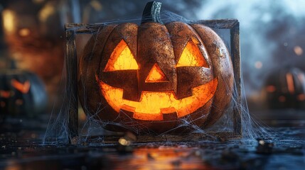 Wall Mural - Luminous Jack-o'-Lantern with Intricate Spiderweb Detail