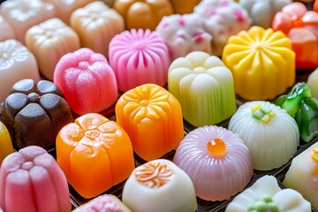 Assortment of Colorful Japanese Wagashi Confectionery.