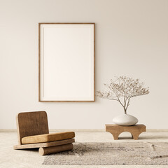 mock up poster frame in boho style decorated livinig room. modern, authentic interior design of livi