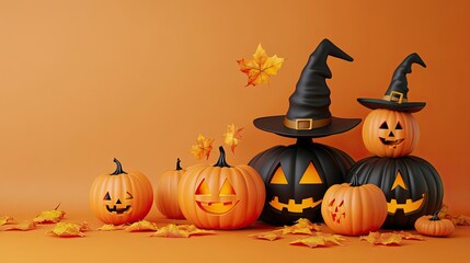 Jack-O'-Lantern Pumpkins with Witch Hat on Orange Background