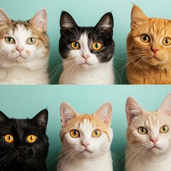 Six cats with diverse fur patterns sit against a teal background, showcasing their unique personalities, AI