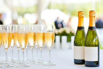 A table with a bunch of wine glasses and two bottles of champagne