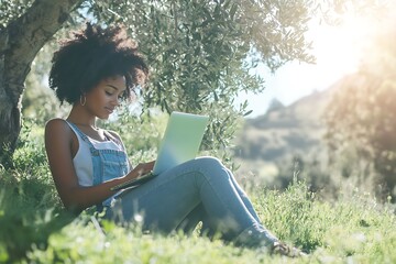 Young woman with laptop on the grass in the park sits by a tree. Remote work and training. 