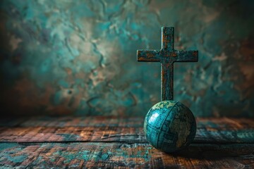 Global Faith: A Conceptual Image of a Christian Cross and Earth Globe on Wooden Floor