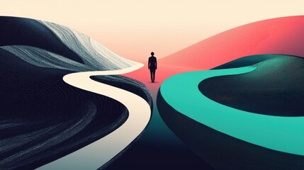 A figure standing at a crossroads, with one path leading to chaos represented by swirling abstract shapes and the other leading to structured growth symbolized by geometric patterns