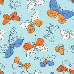 seamless pattern of beautiful contour butterflies on a blue background. pattern for summer and sprin