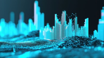 A futuristic city skyline with digital graphs and bar charts integrated into the architecture, visualizing the concept of investment return through growth