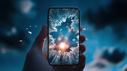 Canvas Print - A hand holding a phone with a cracked screen, revealing a surreal dreamscape inside, symbolizing the merging of reality and technology.