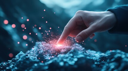 Canvas Print - A person interacting with a holographic interface, their fingers glowing with ethereal light as they manipulate objects and data in a surreal, digital space.