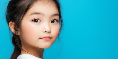 Wall Mural - A young girl with brown hair and brown eyes is standing in front of a blue wall. She is wearing a white shirt and a black necklace