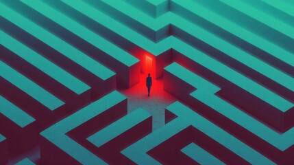 Wall Mural - a person walking through a maze-like office space, with a single exit door glowing at the end. conce