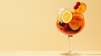 Wall Mural - glass of orange and berry infused water on yellow background.