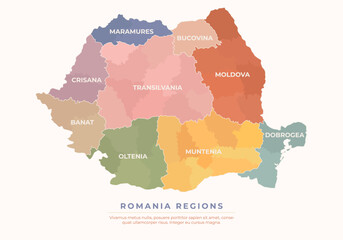 Colorful Romania map with outlined regions, regions names and counties, isolated on white background