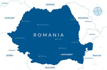 Romania map silhouette with main cities and neighboring countries. Blue business Romania map for presentations, posters, reports, infographics