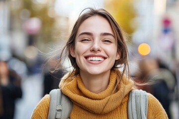 a young woman, walking with crutches, smiles as she navigates her way through a busy street. her pos