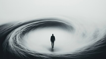 Wall Mural - action conquers fear: a person walking through a fog of swirling shadows and fears, but as they walk