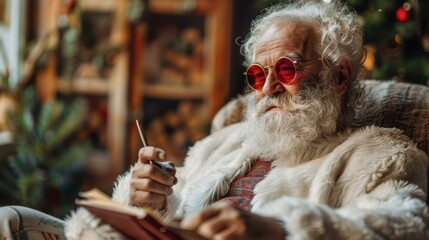 Wall Mural - A man with a long white beard and red sunglasses is writing in a book. AI.