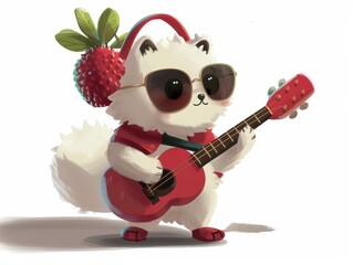 Poster - A cute furry creature playing a red guitar while wearing sunglasses. AI.