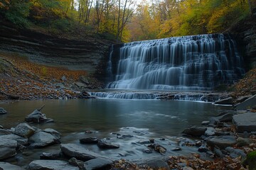 Canvas Print - Serene Waterfall in Autumn Foliage.