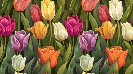 Wall Mural - A Colorful Bouquet of Tulips with Green Foliage