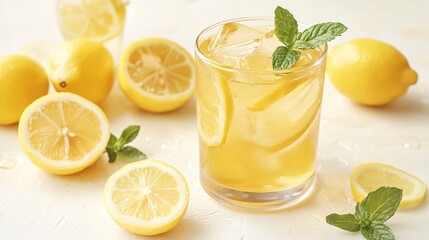 Wall Mural - refreshing glass of lemonade with ice, lemon slices, and mint leaves.