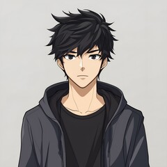 anime-style avatar of a young man with black hair. he should be standing in the center, facing the v