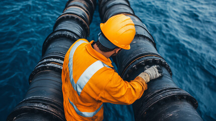 A construction worker in an orange safety suit and helmet inspects large black pipes in the water, showcasing professionalism and safety in industrial operations.