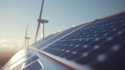 A close-up of solar panels with wind turbines in the background, showcasing renewable energy technology under a clear sky.