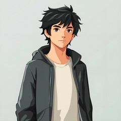 Wall Mural - anime-style avatar of a young man with black hair. He should be standing in the center, facing the viewer with a neutral or friendly expression