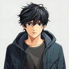 Wall Mural - anime-style avatar of a young man with black hair. He should be standing in the center, facing the viewer with a neutral or friendly expression