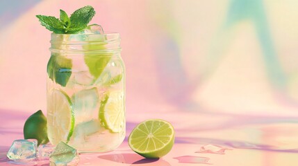 Wall Mural - refreshing lime and mint drink in a glass jar with ice cubes on a pastel pink background.