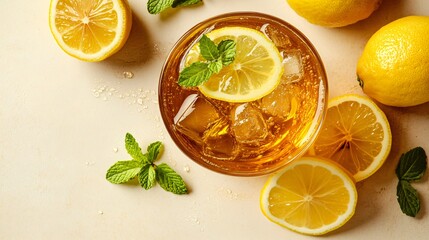Wall Mural - refreshing summer drink with lemon and mint.