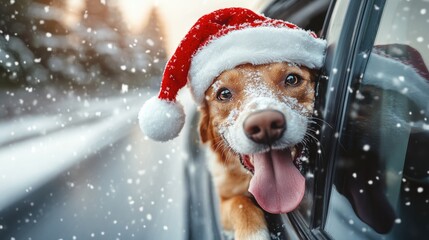 Dog in Santa hat, holiday pet joy, winter festive dog, Christmas spirit, puppy in festive hat, holiday cheer, snowy dog joy