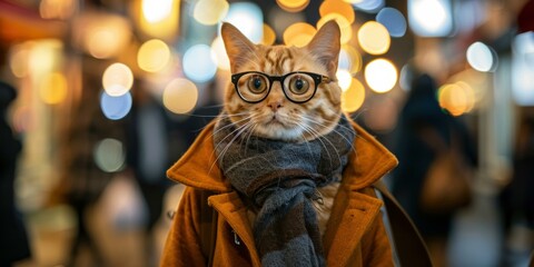 Sticker - A cat wearing glasses and a scarf. AI.