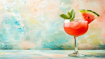 Wall Mural - refreshing watermelon cocktail in a glass with a wedge of watermelon and mint garnish against a colo
