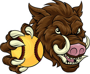 Poster - A wild boar, hog razorback warthog pig mean tough cartoon sports mascot holding a softball ball