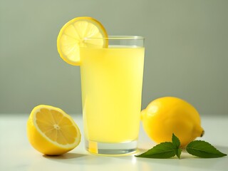 glass of lemonade with lemon slice , fresh lemonade juice 